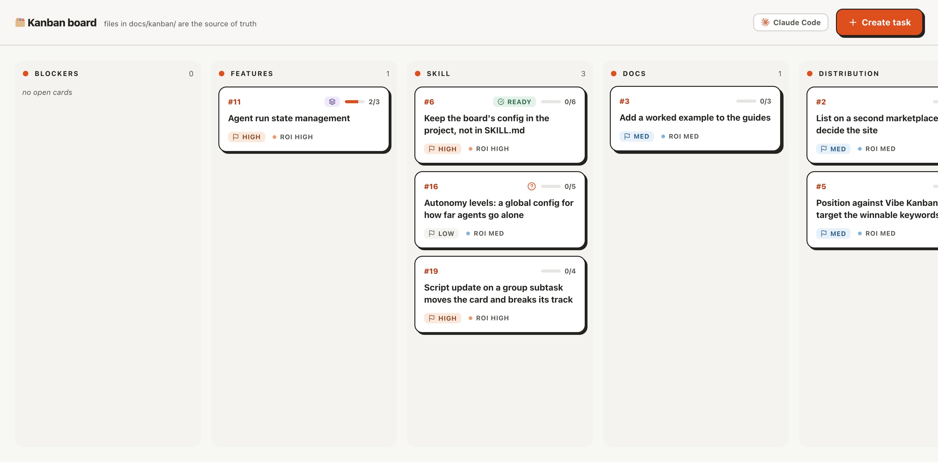 The kanban skill's local web board β a light board with Blockers, UI, Skill, Docs, and Distribution columns and a Create task button.
